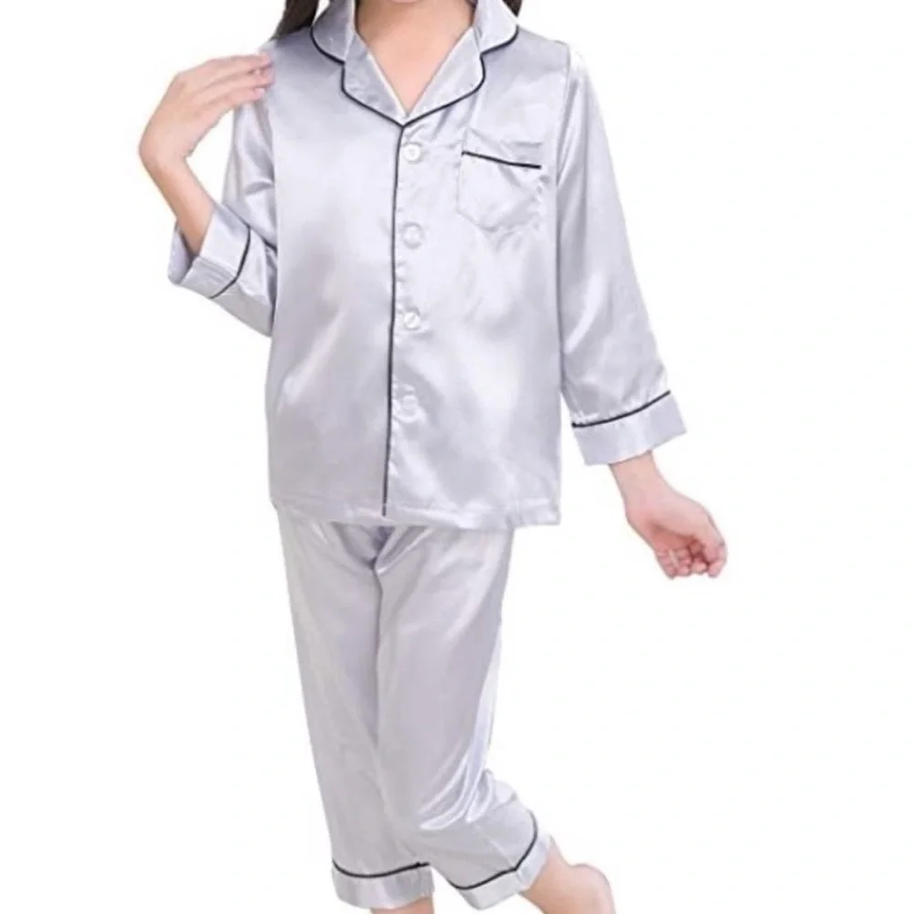 NWT Horcute Boys Satin Pajama Set Pants Long Sleeve Button Front Top Silver